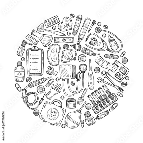 Perfect circle medical composition with hand drawn equipment, medical tools and drugs. Hand drawn medical card template. Vector