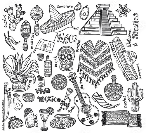 Big set of Mexico related hand drawn icons including pyramid, maracas, poncho, food, cactuses and others. Doodle vector Mexico related collection