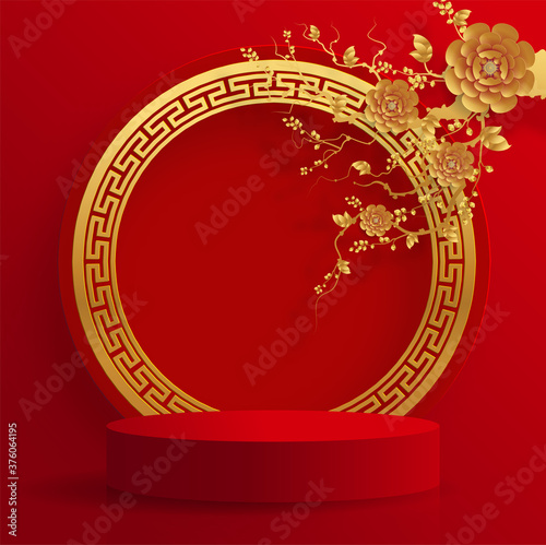 Podium round stage podium and paper art Chinese new year 2021 year of the ox , red paper cut ,flower and asian elements with craft style on background.