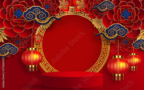 Podium round stage podium and paper art Chinese new year 2021 year of the ox , red paper cut ,flower and asian elements with craft style on background.