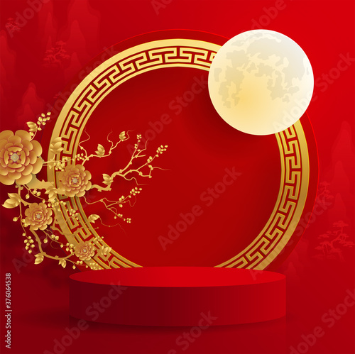 Podium round stage podium and paper art Chinese new year 2021 year of the ox , red paper cut ,flower and asian elements with craft style on background.