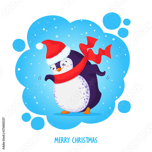 Hand drawn funny dancing penguin in red santa hat. Holiday Christmas greeting pre-made card. Colored vector illustration. All elements are isolated. © lisannart