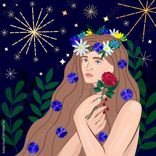 Young woman on Kupala or Midsommar night. Concept for Slavic Folklore, witchcraft and pagan rituals. Girl pricked her hands with thorns from a rose and crying. Trendy flat illustration