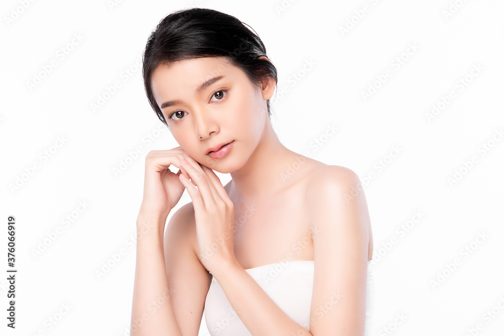 Beautiful Young asian Woman with Clean Fresh Skin, on white background, Face care, Facial treatment, Cosmetology, beauty and spa, Asian women portrait
