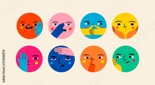 Round abstract comic Faces with various Emotions and hand gestures. Different bright colorful characters. Cartoon style. Flat design. Hand drawn trendy Vector illustrations. Every face is isolated