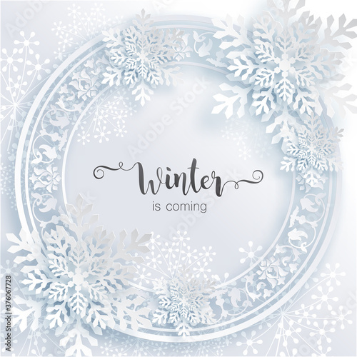 Snowflakes design for winter with place text space. Snowflakes background patterned paper cut art and craft style on paper color background.
