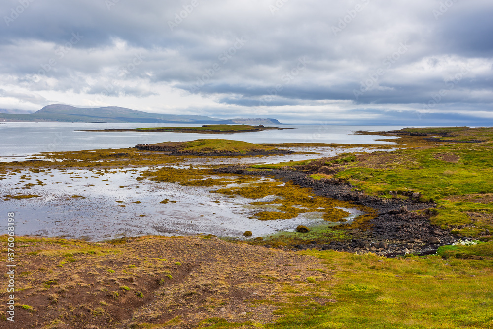 View of the Hvammsfjordur coast, eastern Iceland.