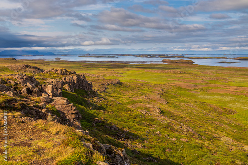 View of the Hvammsfjordur coast, eastern Iceland.