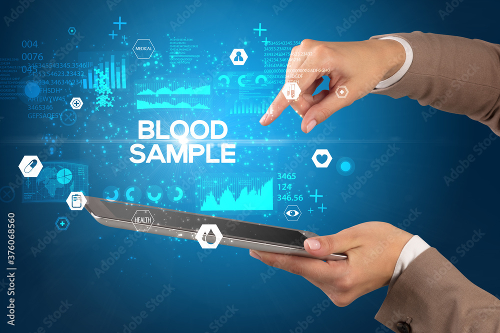 Close-up of a touchscreen with BLOOD SAMPLE inscription, medical concept Close-up of a touchscreen with BLOOD SAMPLE inscription, medical concept