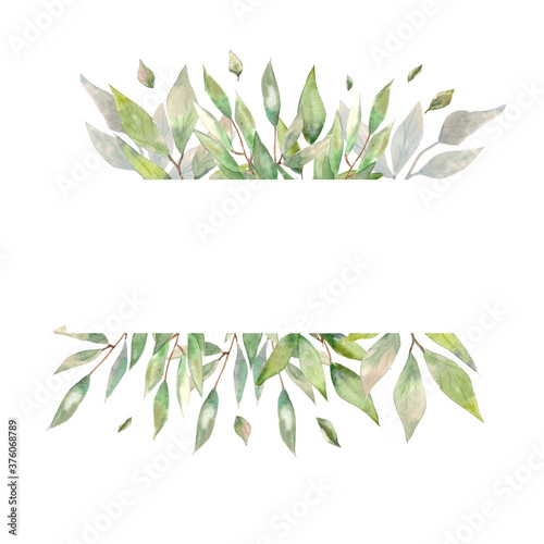 Watercolor illustration. Template for text placement. Place for your text in a frame made of flora elements in the style of greenery.