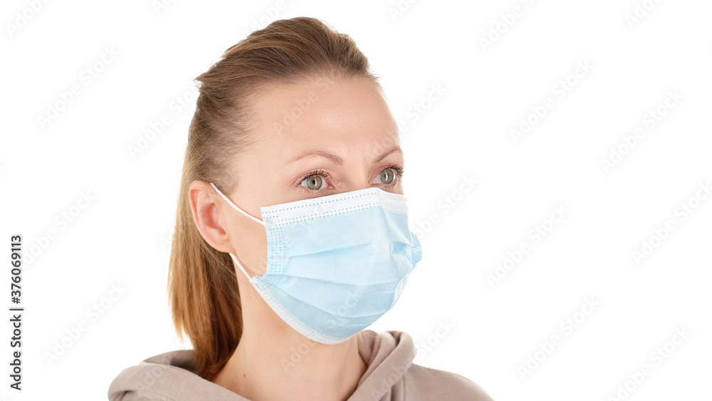 Woman in protective mask on white background Woman in protective mask on white background