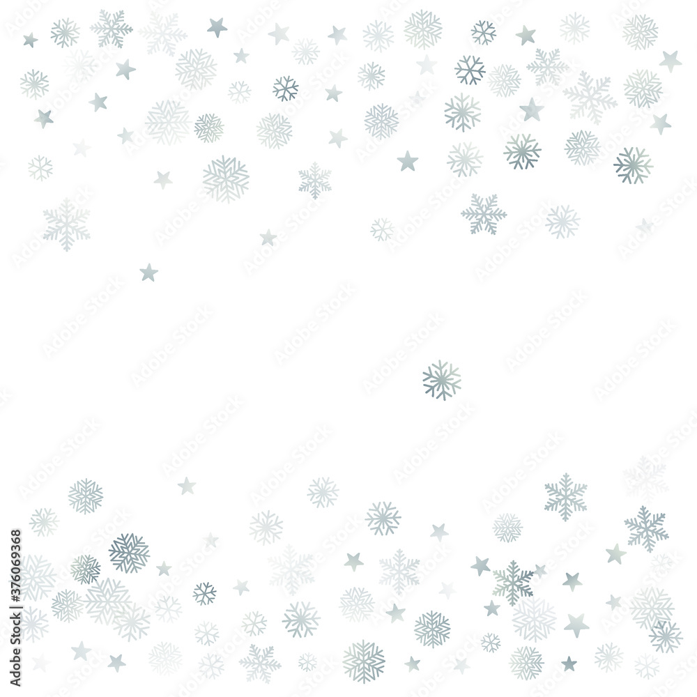 Silver Christmas snow background. Winter snowflakes subtle frame decoration on white, greeting card. New Year Holidays subtle backdrop. Noel Vector illustration Silver Christmas snow background. Winter snowflakes subtle frame decoration on white, greeting card. New Year Holidays subtle backdrop. Noel Vector illustration