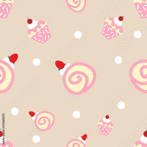 shameless brown-yellow cake with red cherry and jam roll with cream and strawberry cartoon style icon pattern on background vector use for wall decoration and website. bakery shop,website background.