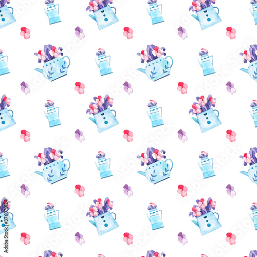 Bright watercolor flowers and tea pots seamless pattern. Lovely hand drawn wallpaper. Pink and purple background. 