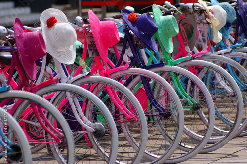 Colorful bicycles and hats.