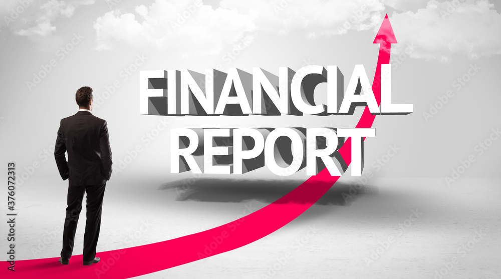 Rear view of a businessman standing in front of FINANCIAL REPORT inscription, successful business concept Rear view of a businessman standing in front of FINANCIAL REPORT inscription, successful business concept