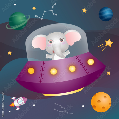 Cute elephant in the space galaxy