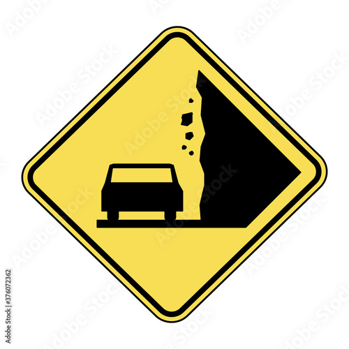 Falling rocks or debris warning road sign. Vector illustration of landslide caution traffic sign. Attention yellow diamond shaped sign isolated on white background.