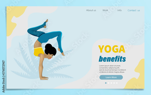 Standing in Adho Mukha Vrksasana exercise. Yoga, concept of meditation, health benefits for body, control of mind and emotions. Web page template of yoga school, studio.