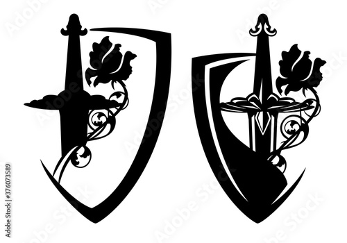 medieval knight sword hilt and rose flower inside heraldic shield - security and bodyguard concept black and white vector design set