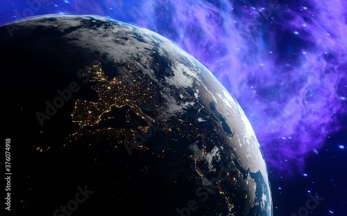 Fototapeta Naklejka Na Ścianę i Meble -  Europe view from space. Earth light of night cities. Nebula background. Elements of this image are furnished by NASA
