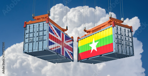 Freight containers with Myanmar and United Kingdom flag. 3D Rendering 
