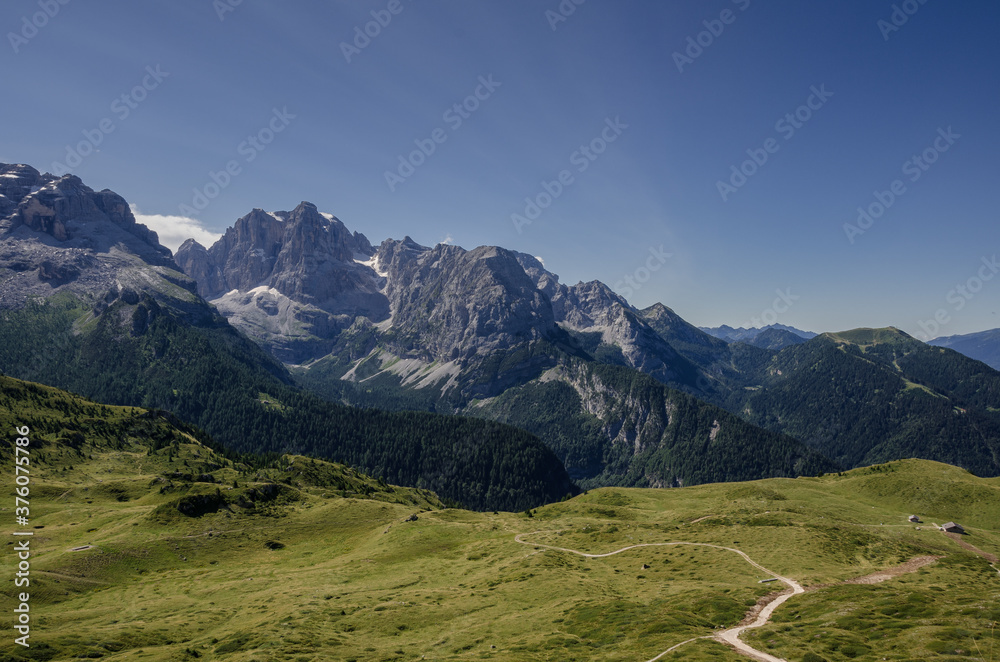 Spectacular Brenta Central mountain group and its summits as seen from Monte Spinale (mountain), above Madonna di Campiglio village, Dolomites, Trento, Trentino, Alto-Adige, South Tyrol, Italy.