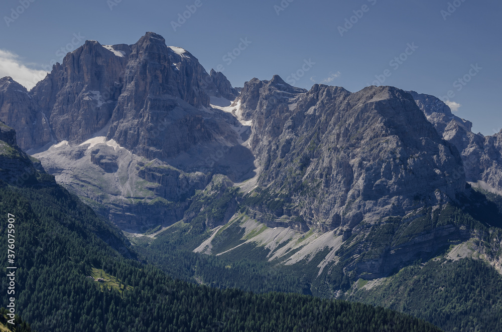 Spectacular Brenta Central mountain group and its summits as seen from Monte Spinale (mountain), above Madonna di Campiglio village, Dolomites, Trento, Trentino, Alto-Adige, South Tyrol, Italy.