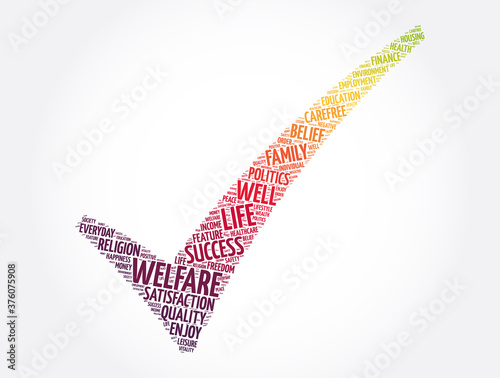 Welfare check mark word cloud collage, concept background