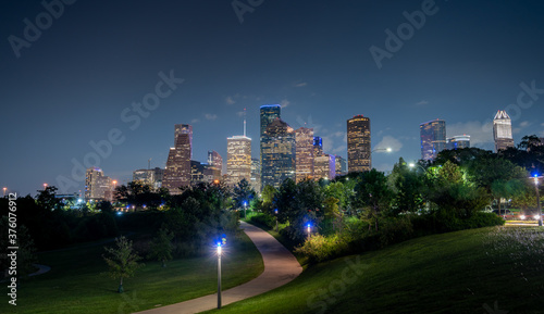 Downtown Hoston Architecture at Night With Mostly Clear Skies