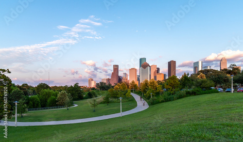 Wide Angle Panorama of the City of Houston Skyline During Sunset from Local Park