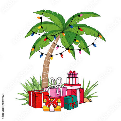 .Palm tree with a garland of light bulbs and a variety of gifts. Tropical beach Christmas. Festive vector illustration.