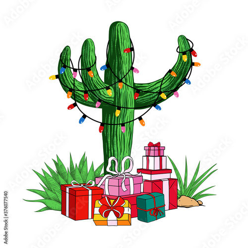.Cactus tree with a garland of light bulbs and a variety of gifts. Tropical  Christmas. Festive vector illustration.