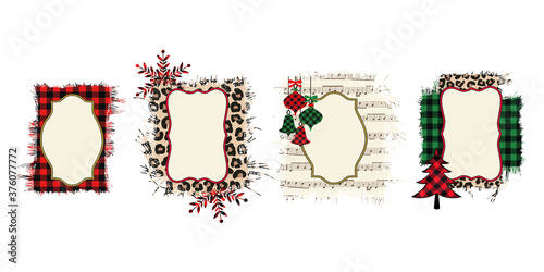 .Christmas various frames set .Buffalo plaid, leopard and music page background. Vector illustration.