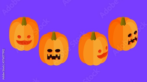 Set of isometric halloween pumpkins. Jack-o'-lanterns isolated on violet background.