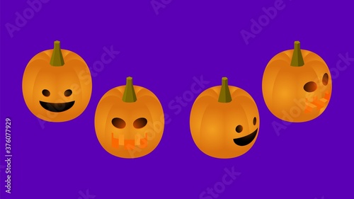 Set of isometric halloween pumpkins. Jack-o'-lanterns isolated on violet background.