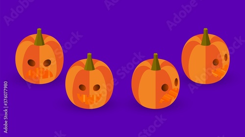 Set of isometric halloween pumpkins. Jack-o'-lanterns isolated on violet background.