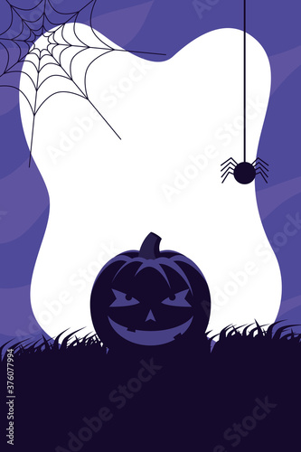 happy halloween card with pumpkin and spider hanging scene