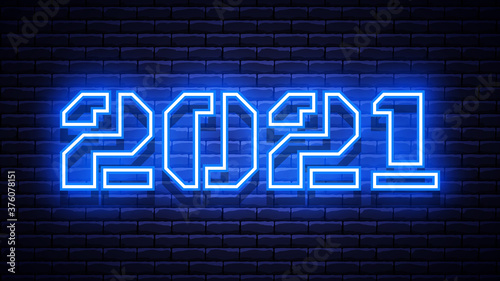 2021 New Year glowing blue neon signboard on brick wall. Vector illustration.