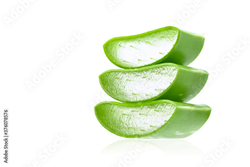Perspective view stack of Aloe vera leaf sliced isolated on white background.