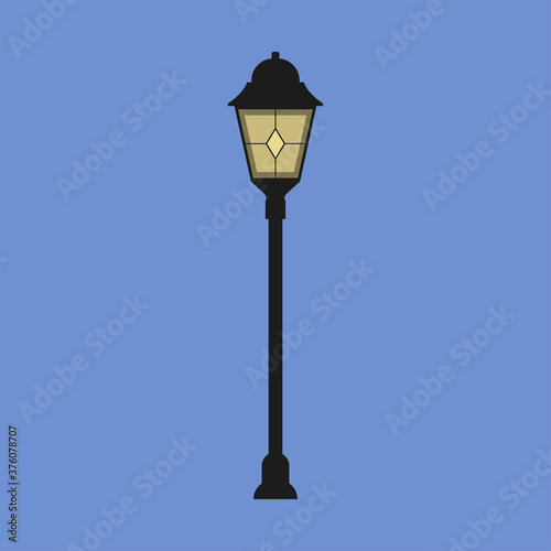 Electric street lamp. Lamppost isolated. Vector illustration in flat cartoon style. Exterior object, vintage plafond.