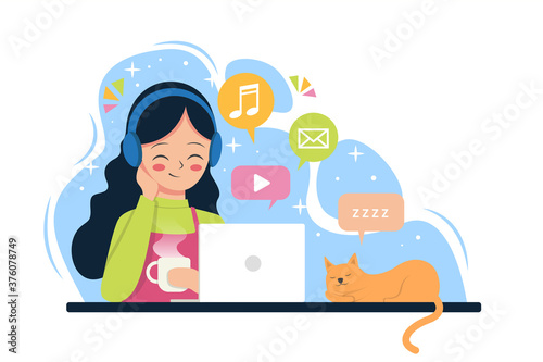 A girl enjoy social media, video, and music. Flat art vector.