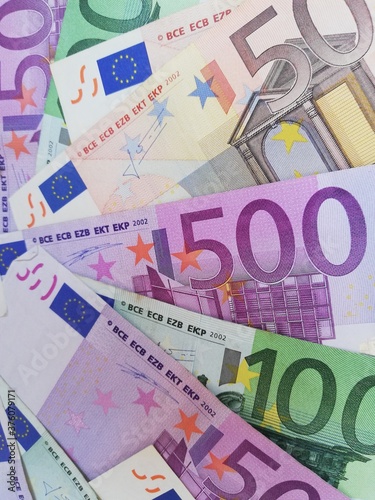 currency, money, euro, wealth, European currency, Europe cash, European bank, fifty euros, one hundred euros, two hundred euros,  five hundred euros, two hundred euros, one hundred euros, fifty euros, photo