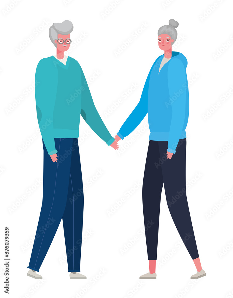 Senior woman and man cartoons with sportswear holding hands vector design