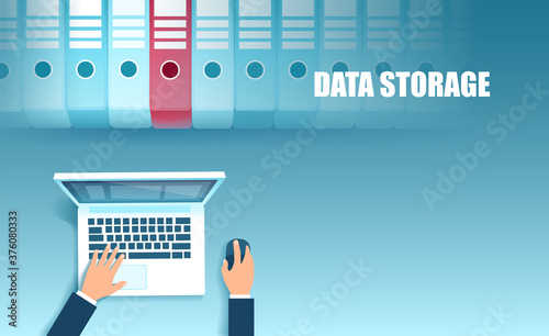 Vector of a business man using laptop computer searching a file in organized cloud data storage