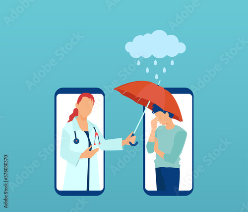 Vector of a doctor counseling depressed sad man online over the phone.
