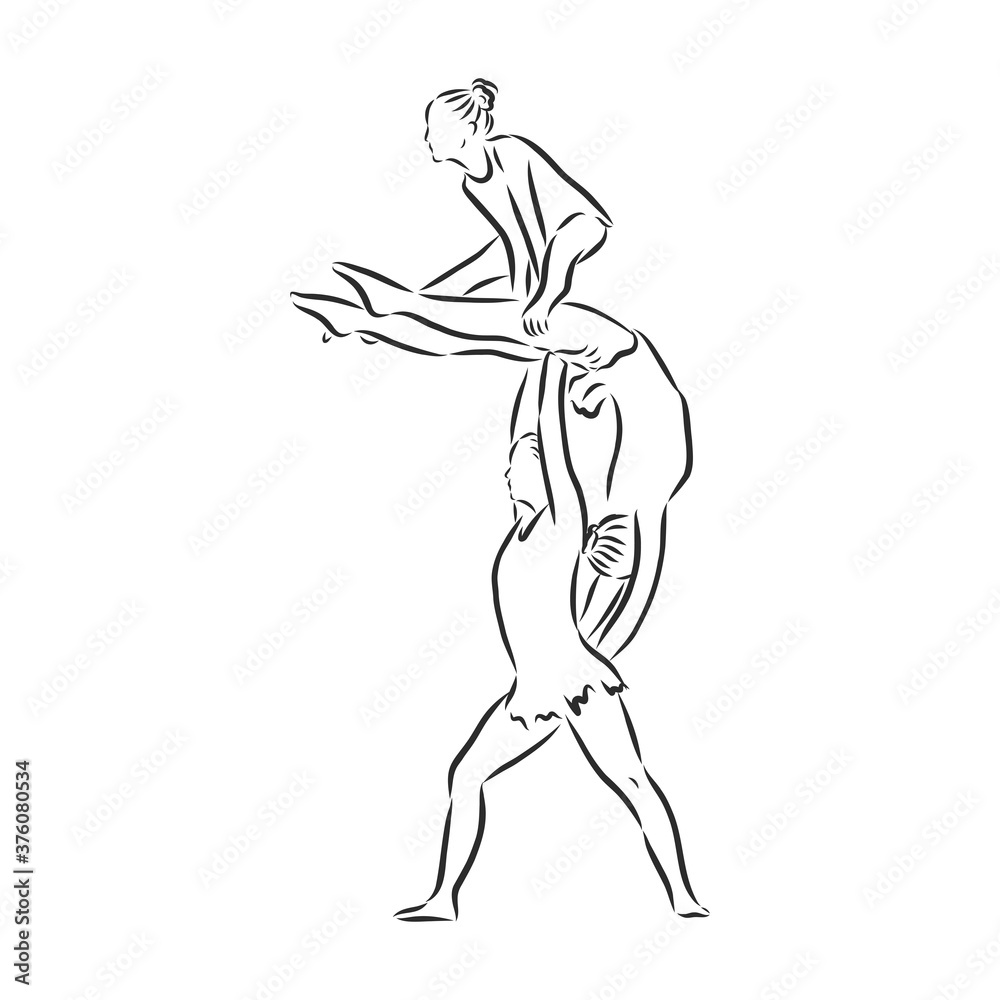 Acrobatic, balance, performance, cooperation concept. Hand drawn acrobats performing on scene concept sketch. Isolated vector illustration , acrobatics, vector sketch illustration Acrobatic, balance, performance, cooperation concept. Hand drawn acrobats performing on scene concept sketch. Isolated vector illustration , acrobatics, vector sketch illustration