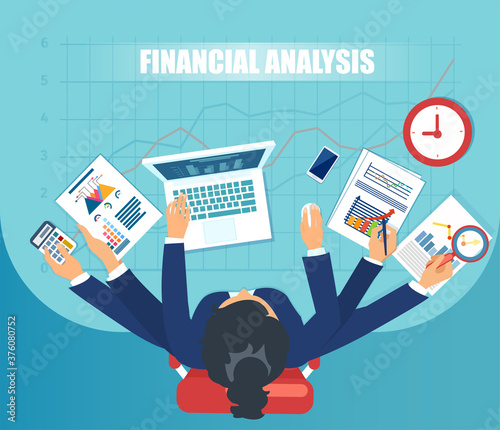 Vector of a busy multitasking business woman financial analyst