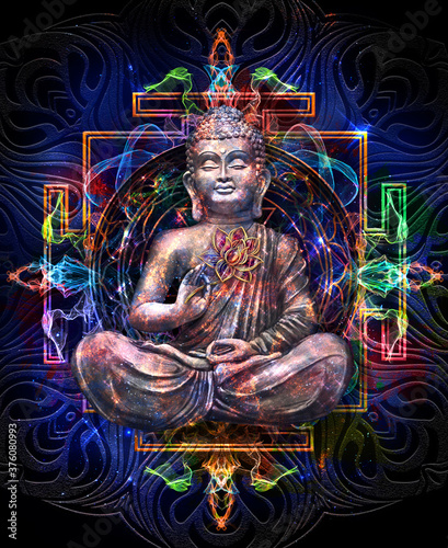 Seated Buddha in a Lotus Pose - digital art collage combined with cosmic background and with tibetan yantra. Psychedelic colors and shades.