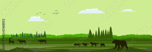 Green Vector landscape with silhouettes of mountains, trees, deers, wolves pack and bear. Banner horizontal